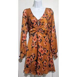 Free People Morning Light Floral Print Ruched Mini Dress Long Sleeve Gold 8 NWT